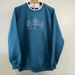 Vintage Teal Blue‎ Double Collared Pullover Sweatshirt Winter Tree Design- Sz L